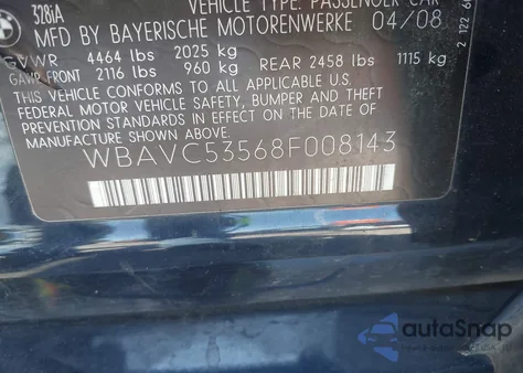 2008 BMW 328I from USA, damaged, VIN WBAVC53568F008143